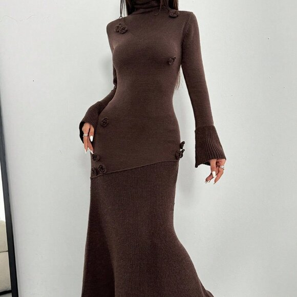 Brown Women's Elegant High Neck Long Floral Sweater Maxi Dress - Picture 2 of 6